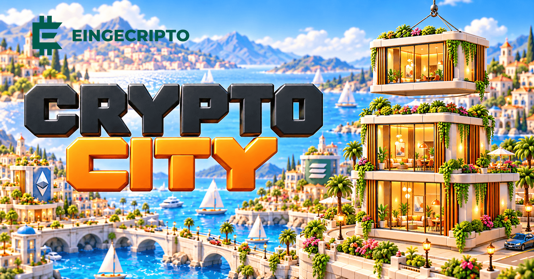 Portada de CRYPTO CITY con el logo de EINGECRIPTO y una torre costera