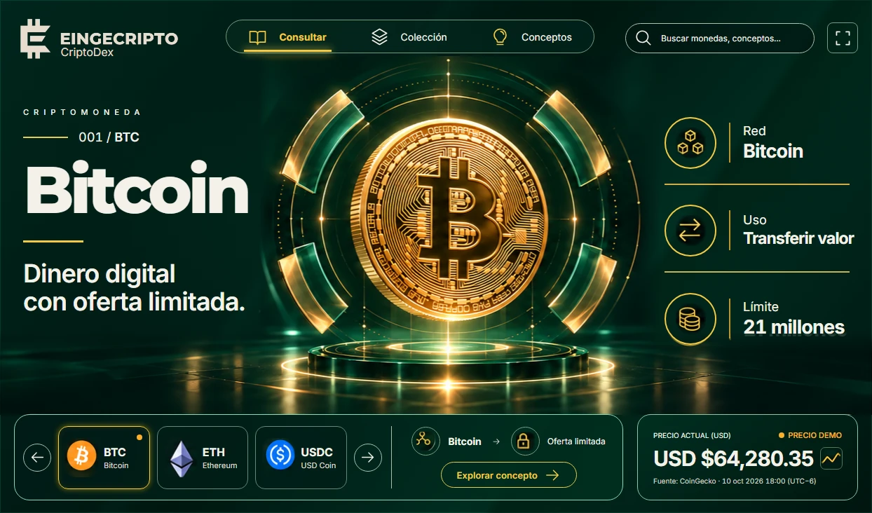 Interfaz real de CriptoDex: consulta de Bitcoin con el logo de Eingecripto